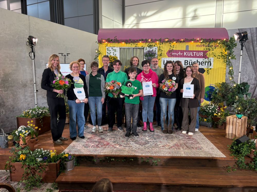 Preisträger auf der Leipziger Buchmesse mit der Jury